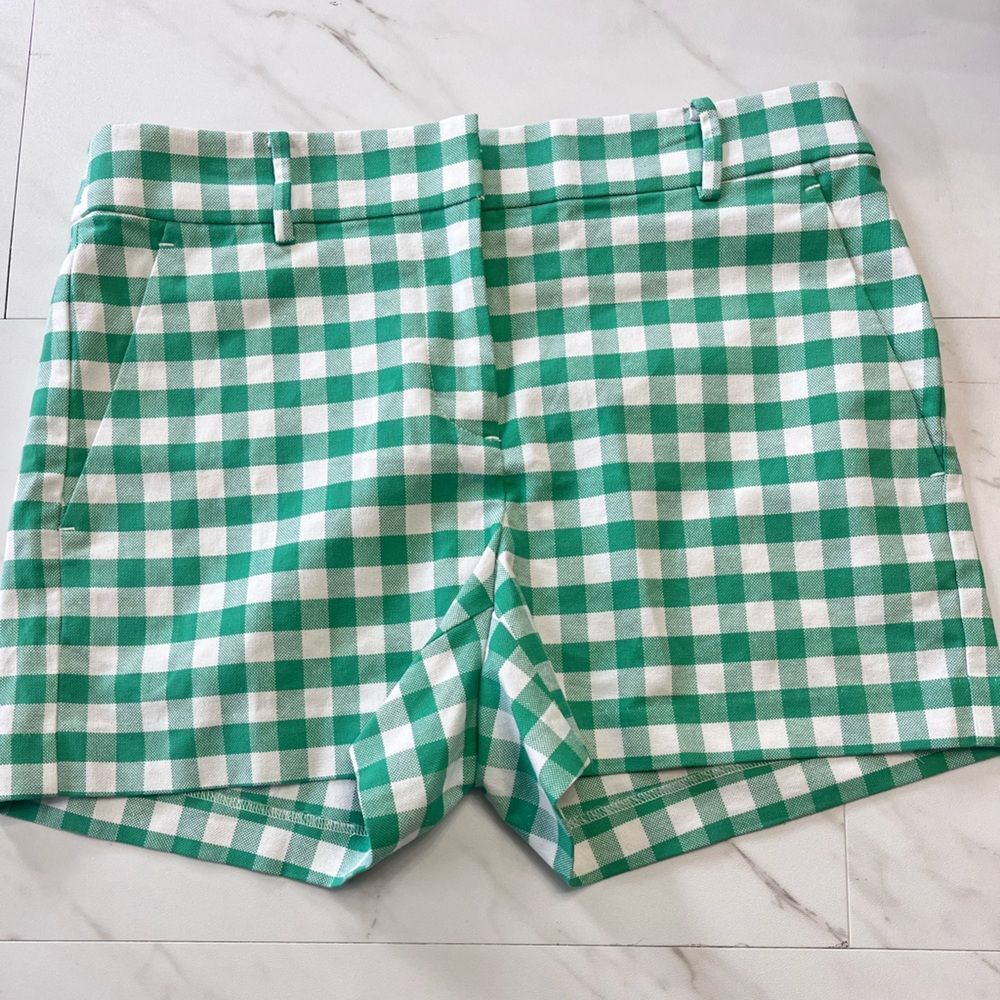NWT Loft Chino Flat Front Gingham Green & White Riviera short 4 in inseam size 0
